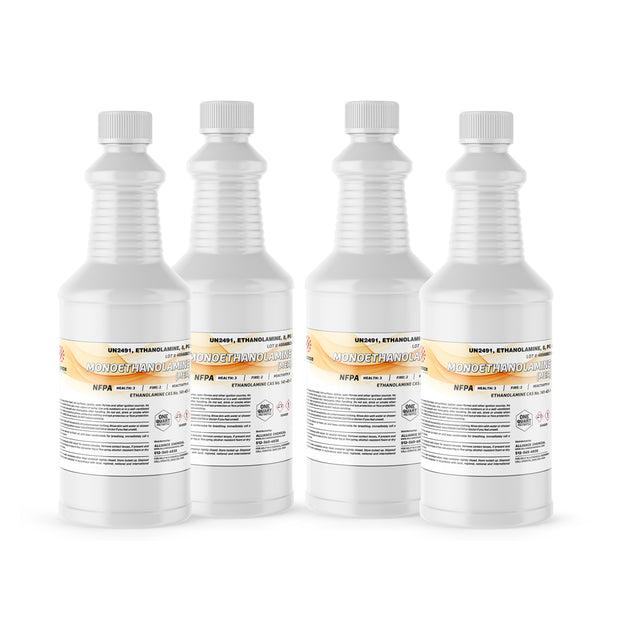 Four 1-quart plastic bottles of Alliance Chemical Monoethanolamine (MEA) with white screw caps and product labels.