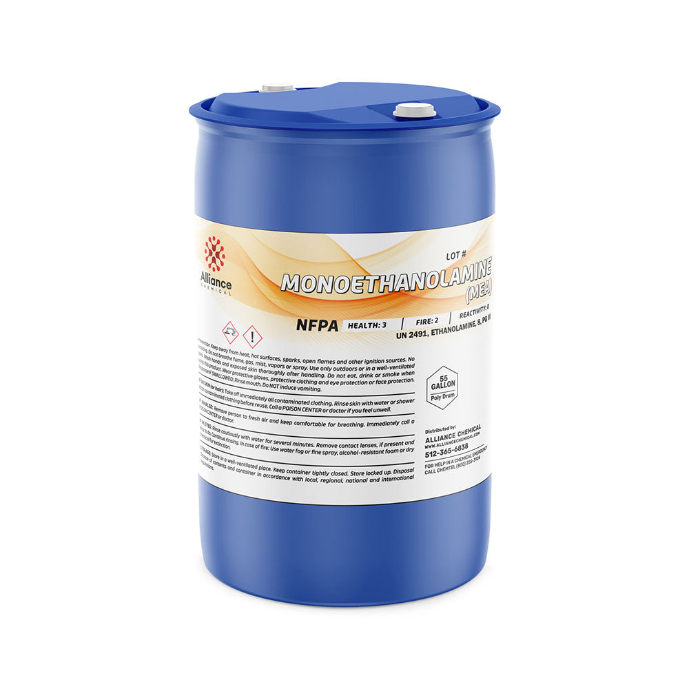 55-gallon blue HDPE drum of Monoethanolamine (MEA) with NFPA diamond, UN2491 marking, and hazard warnings on white Alliance Chemical label.