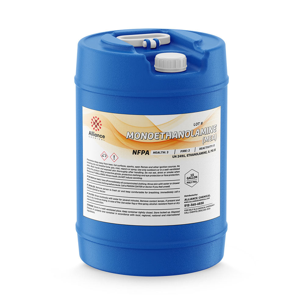 Alliance Chemical 15-gallon plastic pail of Monoethanolamine (MEA) with a white cap and product label.