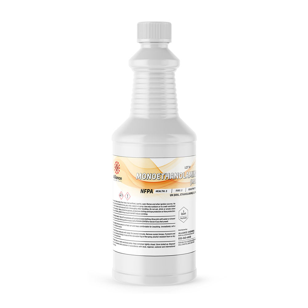 Quart bottle of Monoethanolamine (MEA) in white HDPE container with ribbed grip, NFPA diamond hazard label, and child-resistant cap.