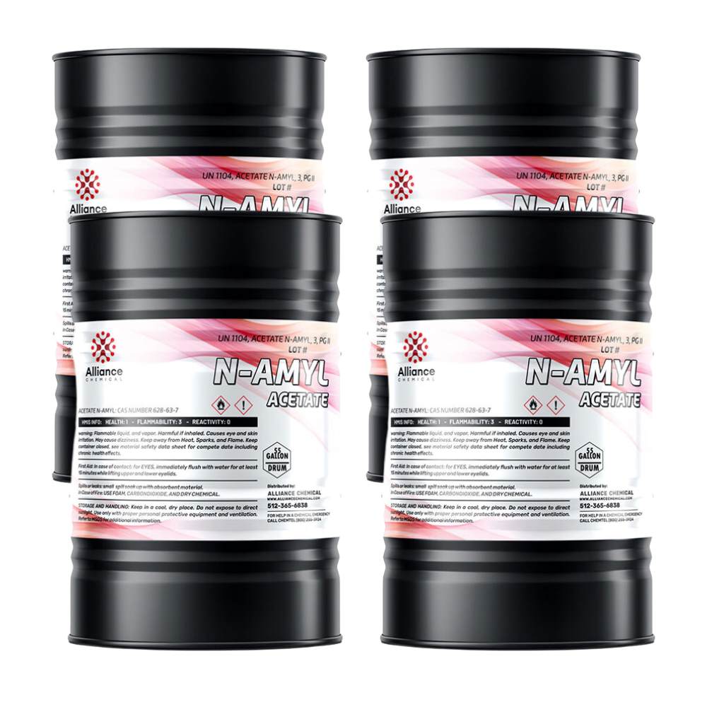 55-gallon steel drums of N-Amyl Acetate by Alliance Chemical, displaying UN1104 code, flammability warning symbols and NFPA safety diamond markings.