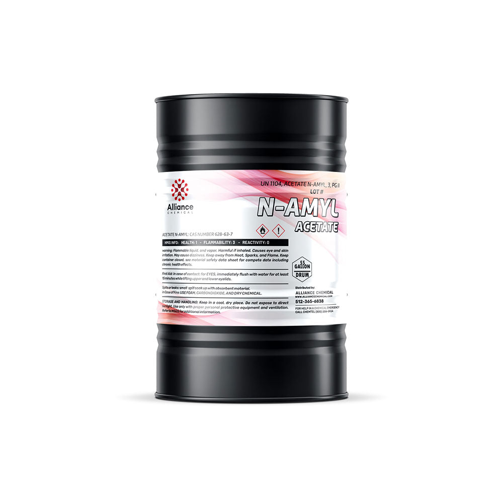 55-gallon black drum of N-Amyl Acetate industrial solvent by Alliance Chemical, displaying hazard symbols 1-3-0 and UN1104 identification label.