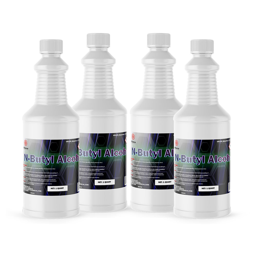 1-quart bottles of N-Butyl Alcohol in white HDPE containers with ribbed design, industrial chemical labeling and secure screw caps, 4-pack.