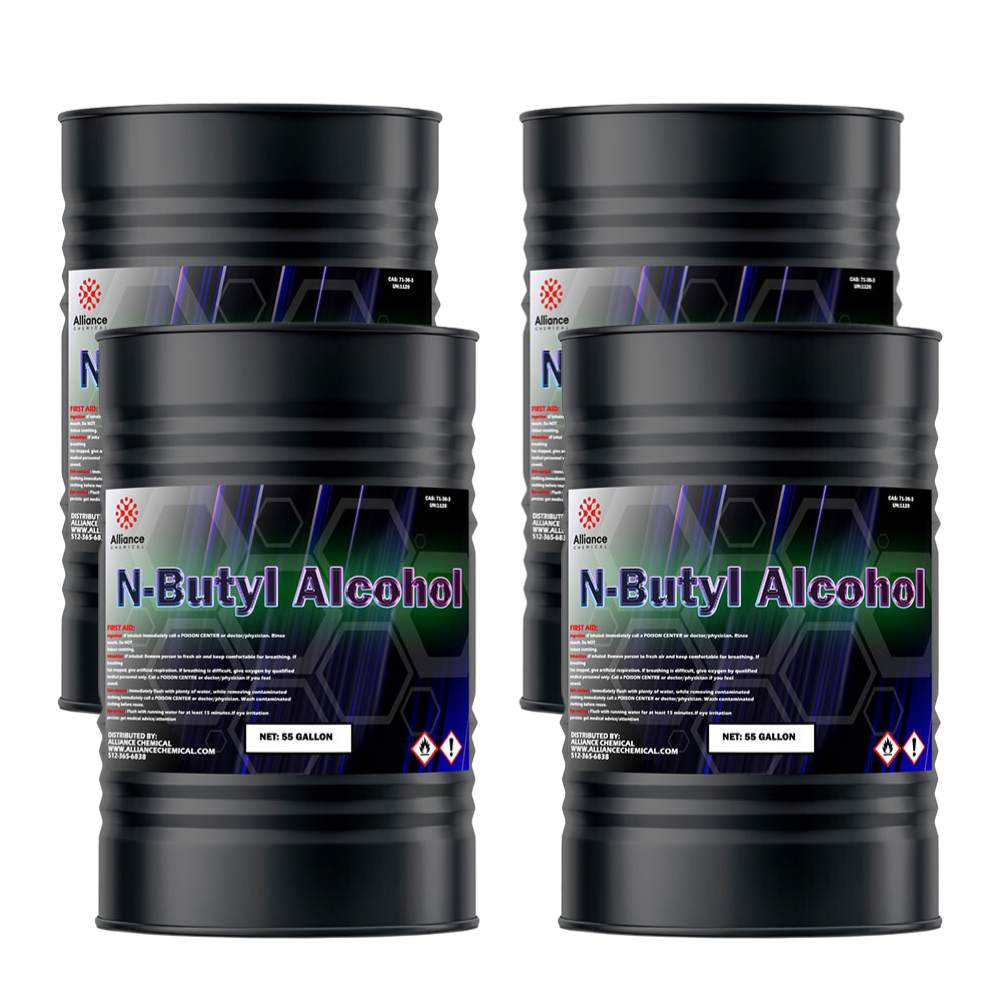 55-gallon industrial drums of N-Butyl Alcohol in black steel containers with Alliance Chemical branding, hazard warning symbols, and first aid information.