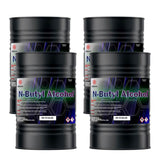 55-gallon industrial drums of N-Butyl Alcohol in black steel containers with Alliance Chemical branding, and first aid