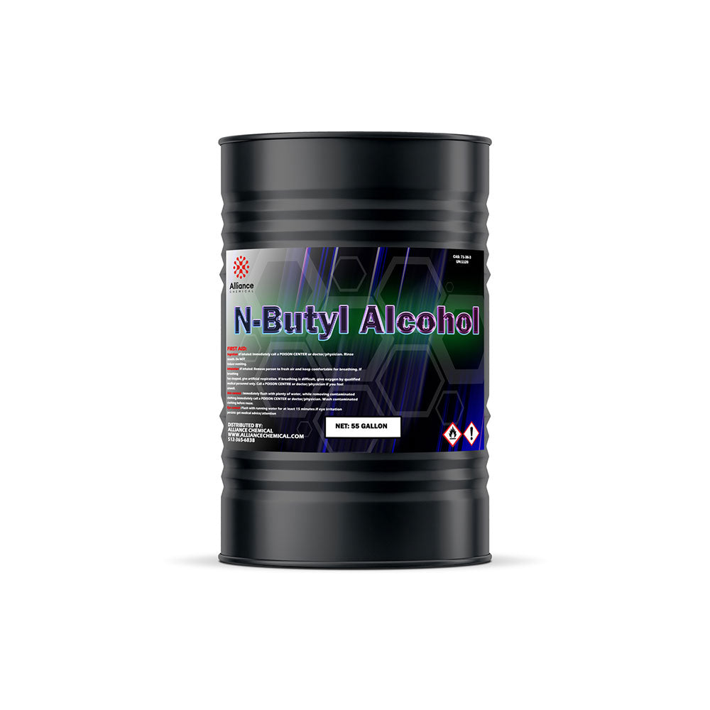 55-gallon black industrial drum of N-Butyl Alcohol from Alliance Chemical, featuring hexagonal design elements and GHS hazard warning symbols.