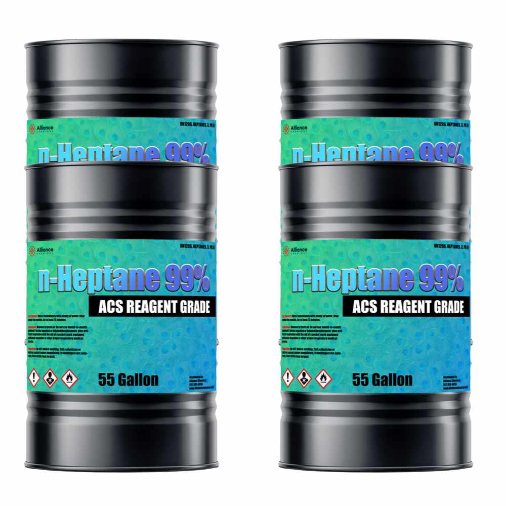 Two 55-gallon steel drums of Alliance Chemical n-Heptane 99% ACS with blue and green labels.