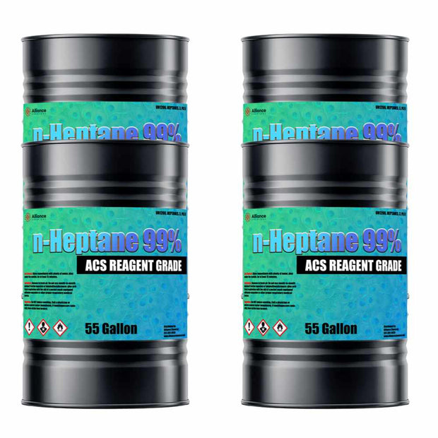 Two 55-gallon steel drums of Alliance Chemical n-Heptane 99% ACS with blue and green labels.