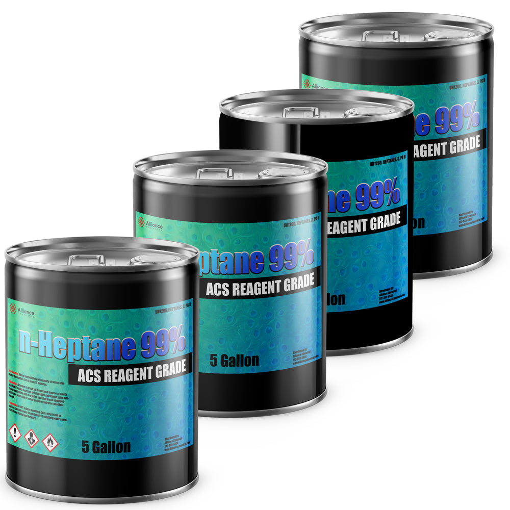 5-gallon drums of N-Heptane 99% ACS Reagent Grade solvent in black metal containers with chemical hazard symbols, Alliance Chemical branding.