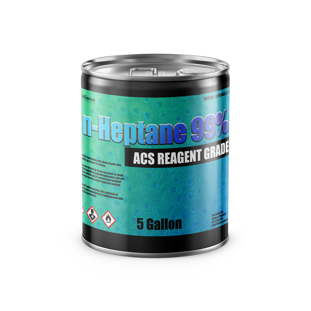 5-gallon metal can of n-Heptane 99% ACS reagent grade solvent with GHS flammable and health hazard pictograms on turquoise gradient label.