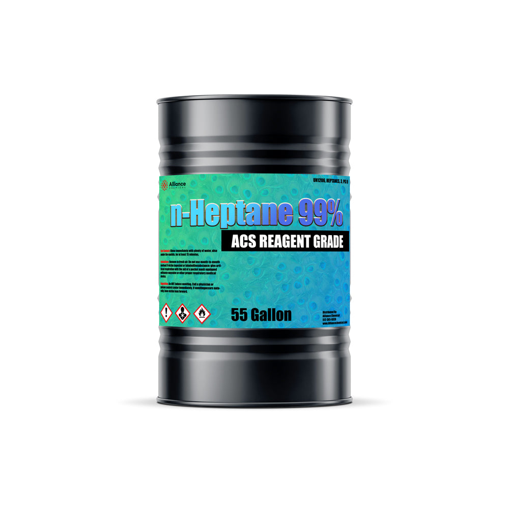 55-gallon black steel drum of n-Heptane 99% ACS Reagent Grade solvent with GHS hazard symbols on turquoise label, industrial chemical storage.