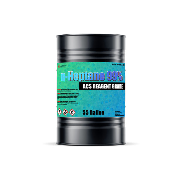 Alliance Chemical 55-gallon steel drum of n-Heptane 99% ACS with blue and green label.