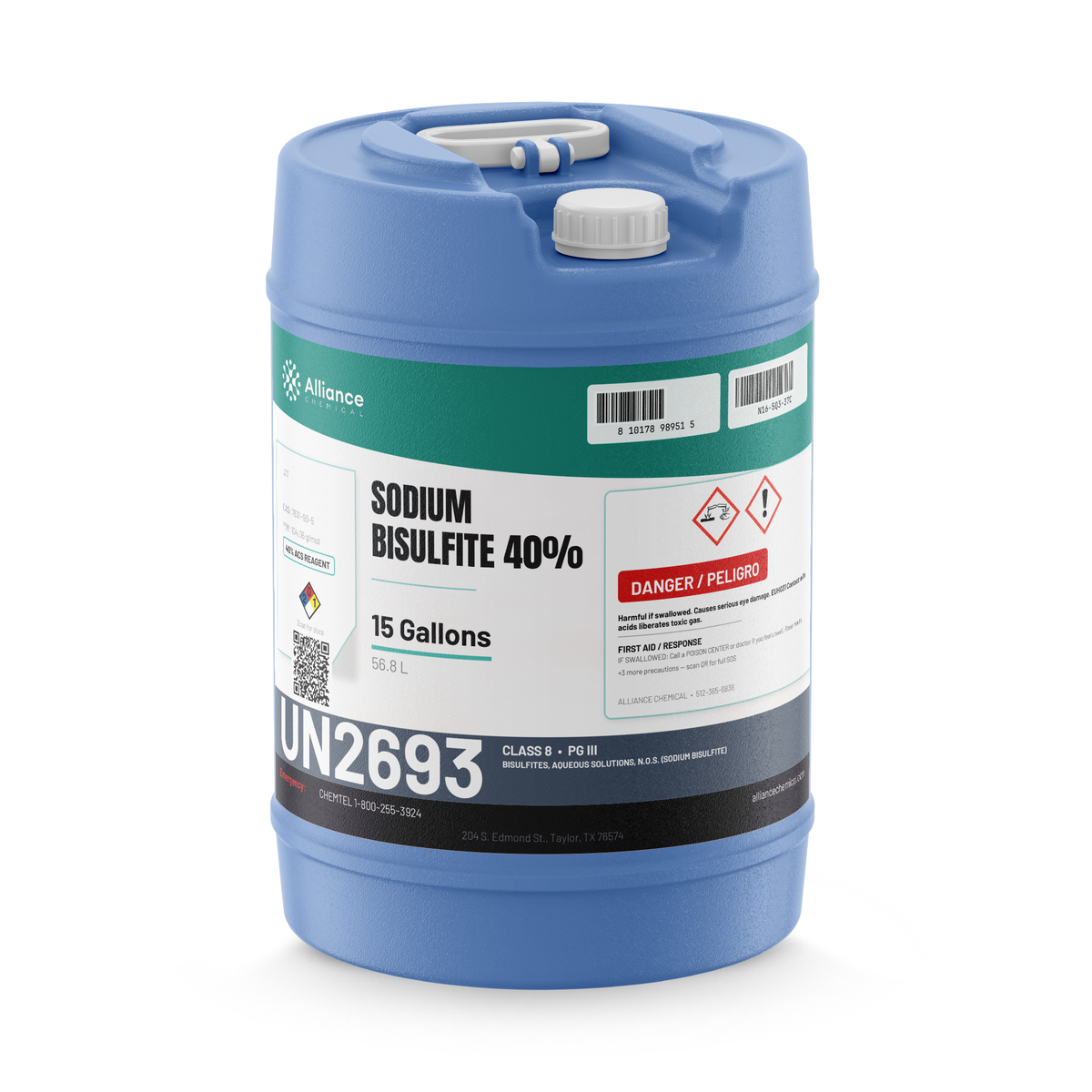 Sodium Bisulfite 40% ACS Reagent Grade 15-gallon carboy for wastewater dechlorination, Alliance Chemical