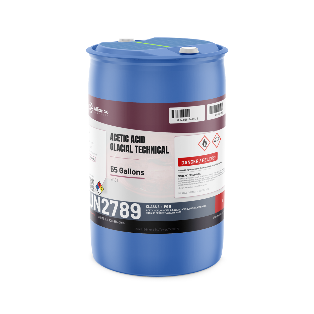 Acetic Acid Glacial Technical Grade in a 55-gallon drum by Alliance Chemical for chemical synthesis and pH regulation