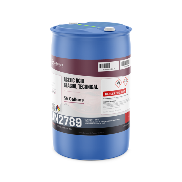 Acetic Acid Glacial Technical Grade in a 55-gallon drum by Alliance Chemical for chemical synthesis and pH regulation