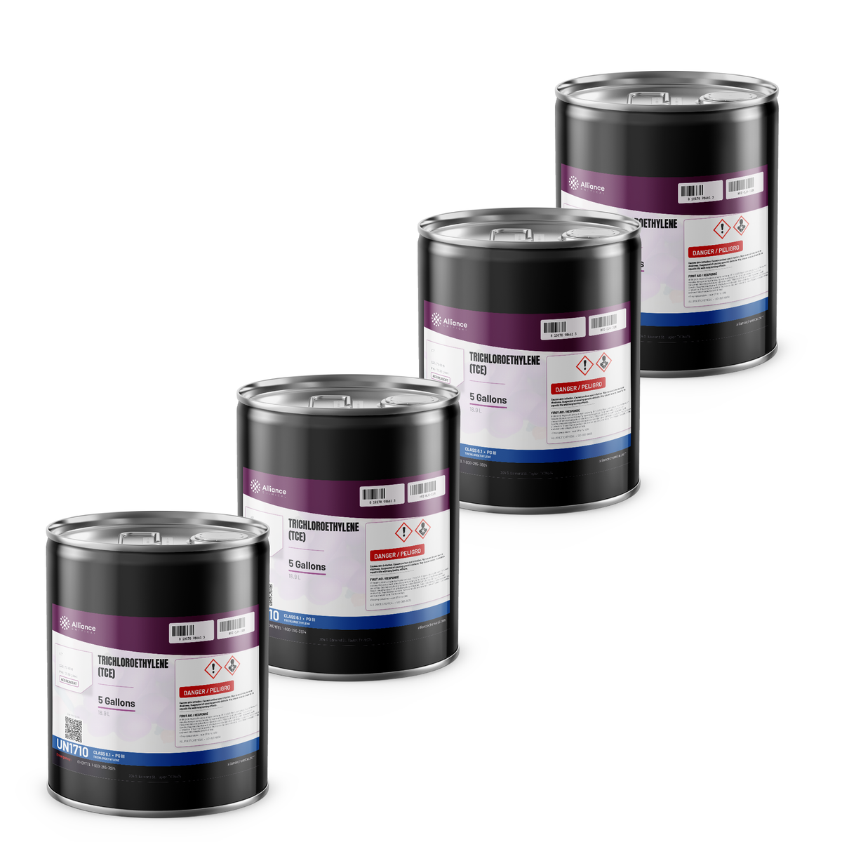 Trichloroethylene ACS Grade in four 5-gallon metal pails from Alliance Chemical for precision vapor degreasing