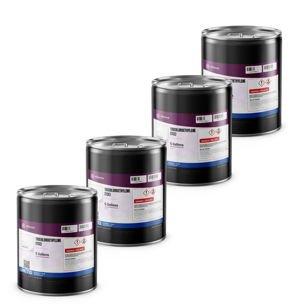 Trichloroethylene ACS Grade in four 5-gallon metal pails from Alliance Chemical for precision vapor degreasing