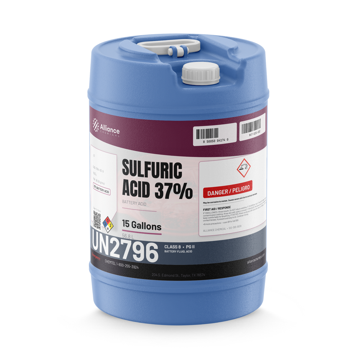 Sulfuric Acid 37% Battery Acid in a blue 15-gallon carboy for battery electrolyte maintenance, Alliance Chemical