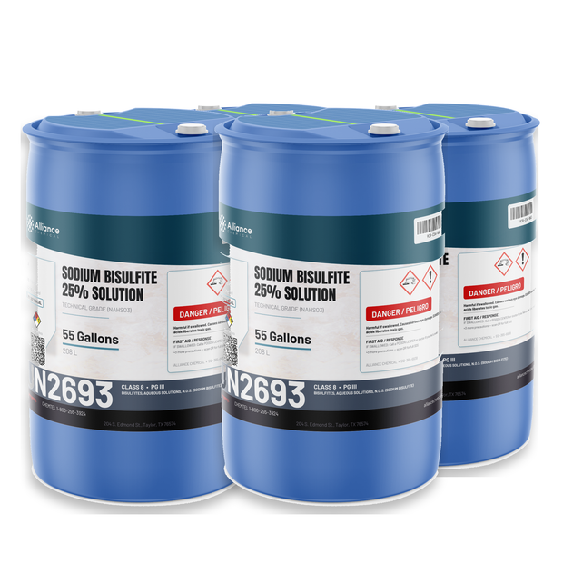 Sodium bisulfite 25% solution technical grade in four 55-gallon drums for dechlorination, Alliance Chemical