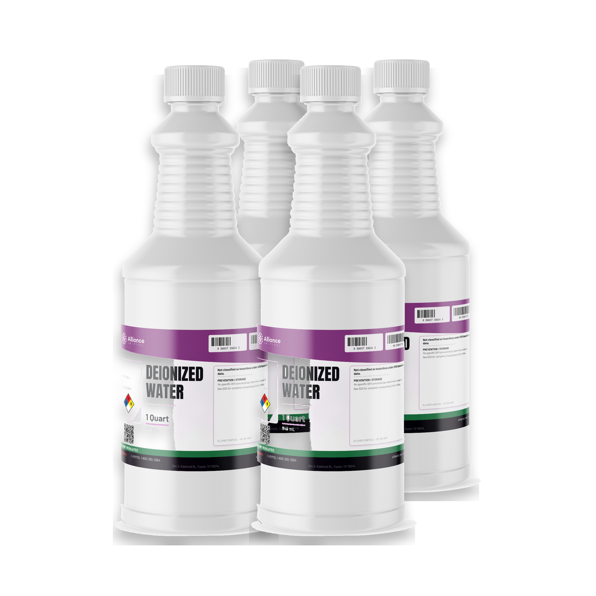 Deionized Water Technical Grade in four 1-quart plastic bottles from Alliance Chemical