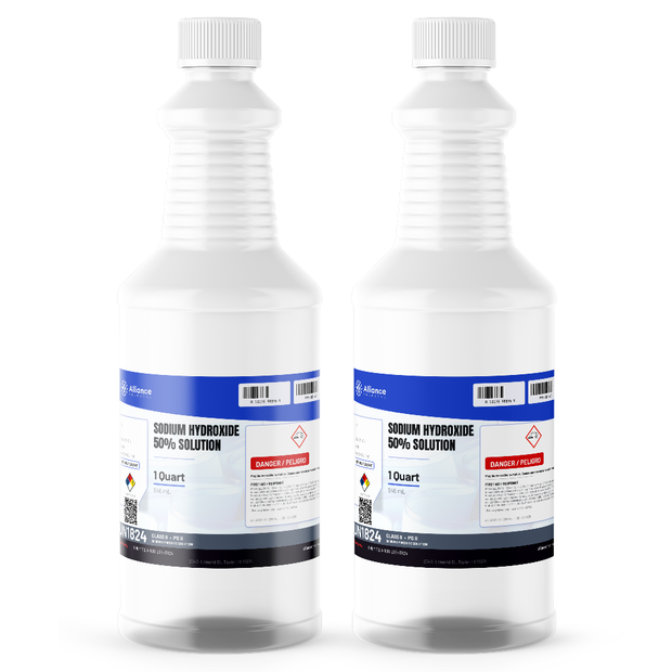 Sodium Hydroxide 50% Solution ACS Grade in two 1-quart plastic bottles from Alliance Chemical