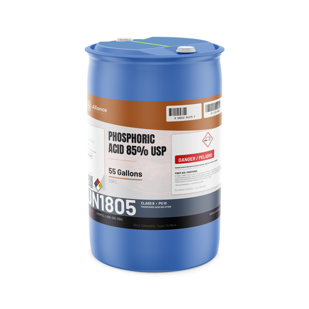 Phosphoric Acid 85% USP Food Grade in a blue 55-gallon drum, Alliance Chemical for metal surface treatment and pH control