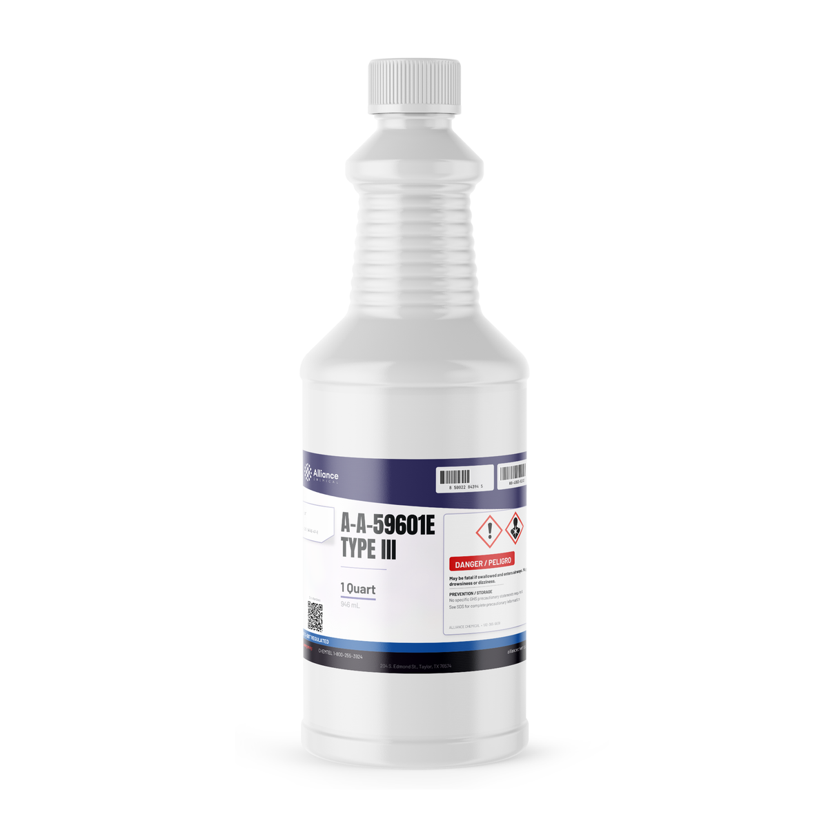 A-A-59601E Type III Technical Grade solvent in a 1-quart white plastic bottle, Alliance Chemical