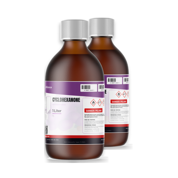 Cyclohexanone ACS Grade in two 1-liter amber glass bottles, Alliance Chemical for nylon intermediate synthesis and polymer solvents