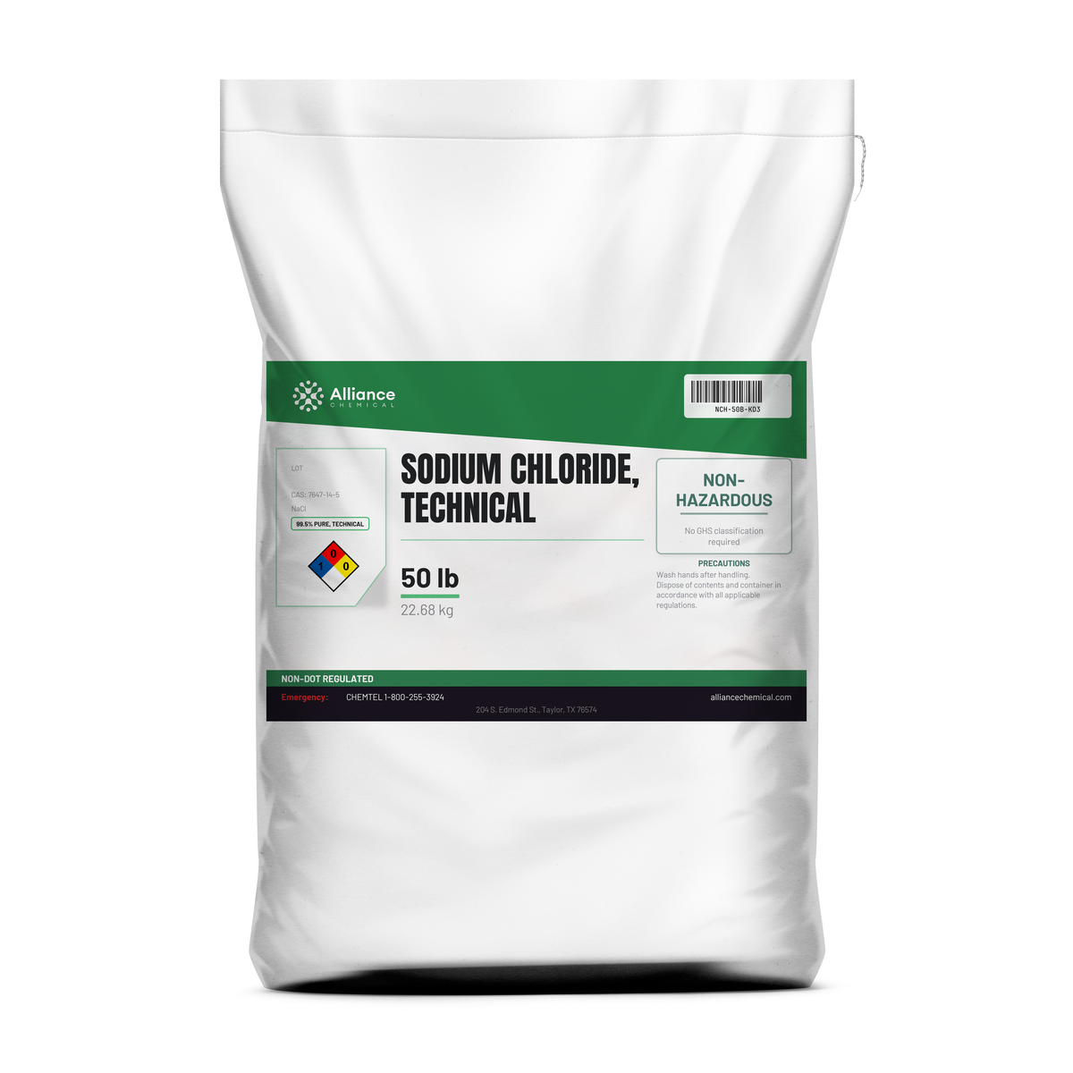 Sodium Chloride Technical Grade 99.5%, 50 lb bag of additive-free NaCl from Alliance Chemical