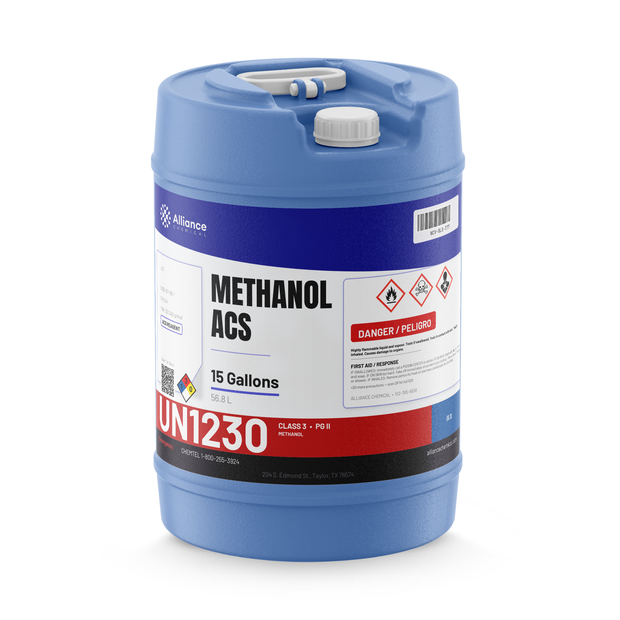 Methanol ACS Reagent Grade in a 15-gallon blue plastic carboy from Alliance Chemical for laboratory solvent applications