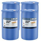 Ethylene Glycol ACS Reagent Grade in four blue 55-gallon drums for coolant formulation, Alliance Chemical