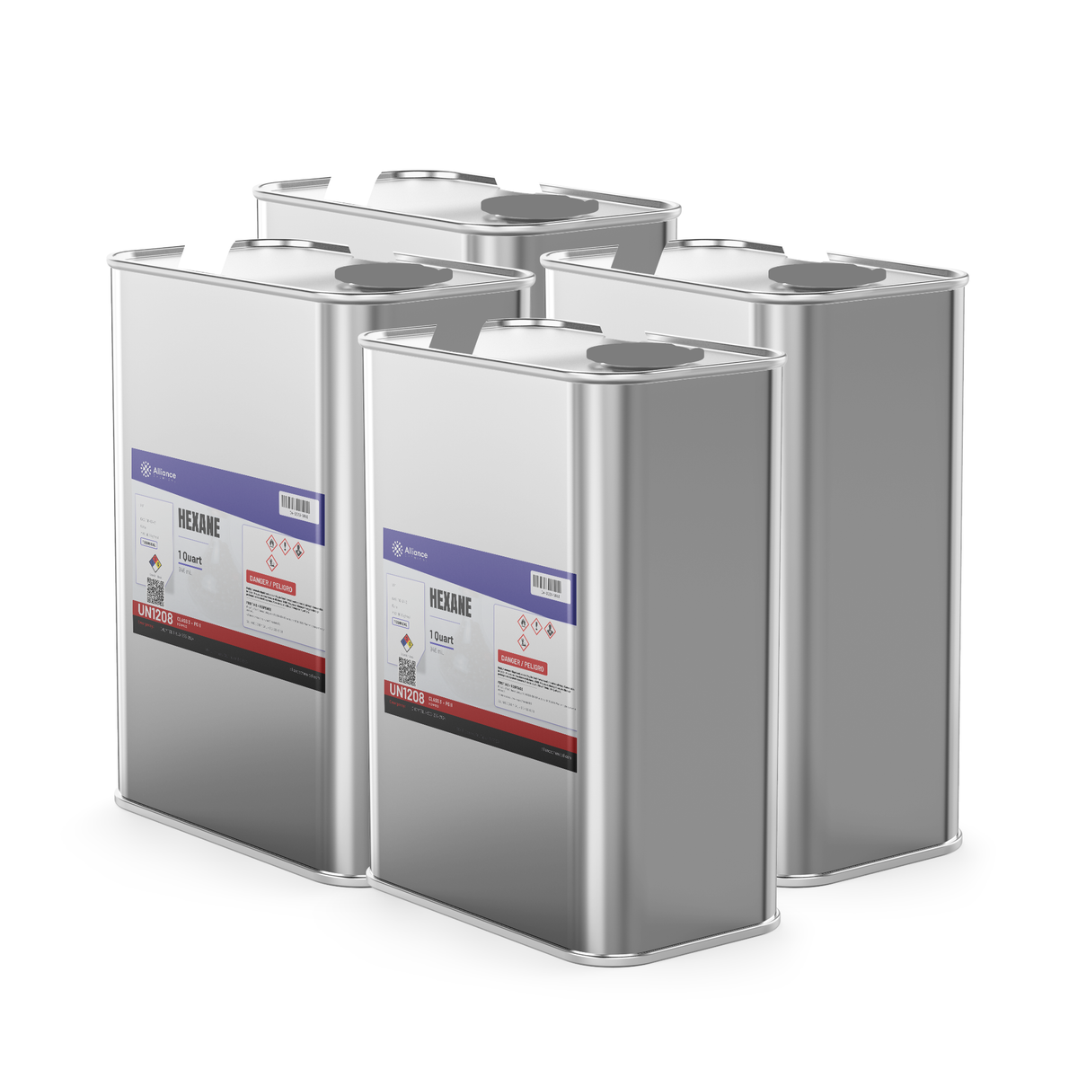 Hexane Technical Grade in four 1-quart metal cans for solvent extraction, Alliance Chemical