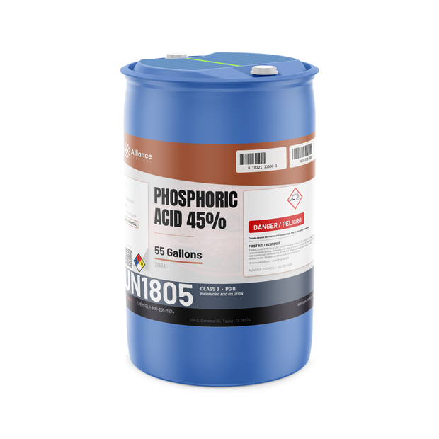 Phosphoric Acid 45% Technical Grade in a blue 55-gallon drum for metal finishing, Alliance Chemical