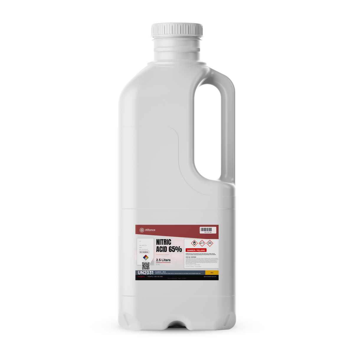 Nitric Acid 65% Technical Grade in a single 2.5-liter white plastic jug, Alliance Chemical