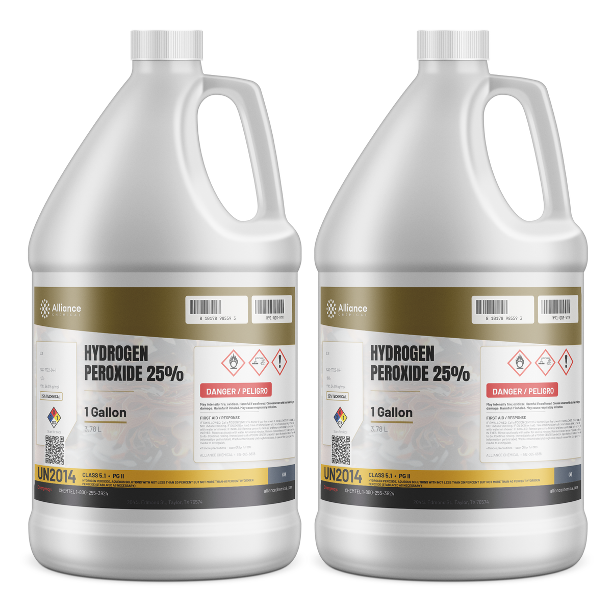 Hydrogen Peroxide 25% Technical Grade in two 1-gallon plastic jugs from Alliance Chemical