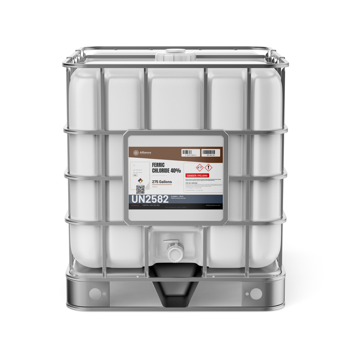 Ferric Chloride 40% Technical Grade 275-gallon IBC tote from Alliance Chemical for PCB etching and wastewater clarification