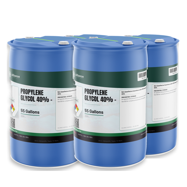 Propylene Glycol 40% Technical Grade in four 55-gallon drums for closed-loop heat-transfer systems, Alliance Chemical