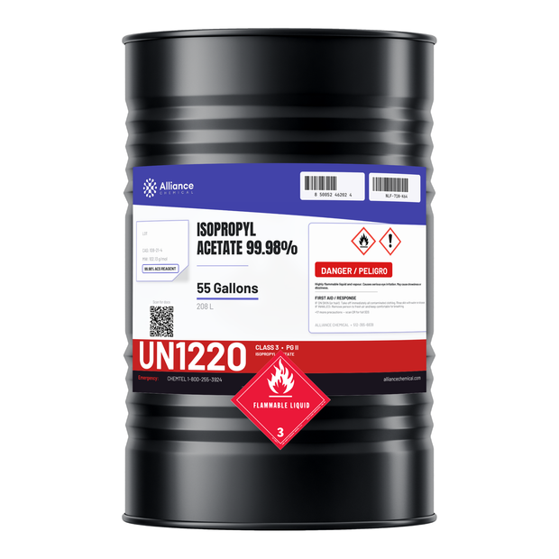 Isopropyl Acetate 99.98% ACS Reagent Grade in a 55-gallon steel drum for extraction and coatings, Alliance Chemical