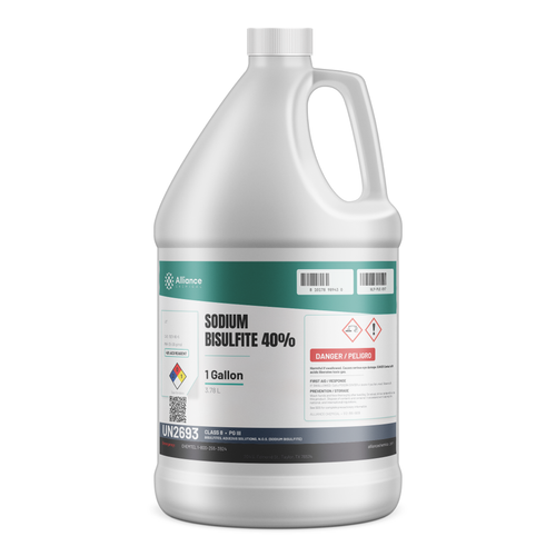 Sodium Bisulfite 40% ACS Reagent Grade in a 1-gallon jug from Alliance Chemical for industrial wastewater dechlorination