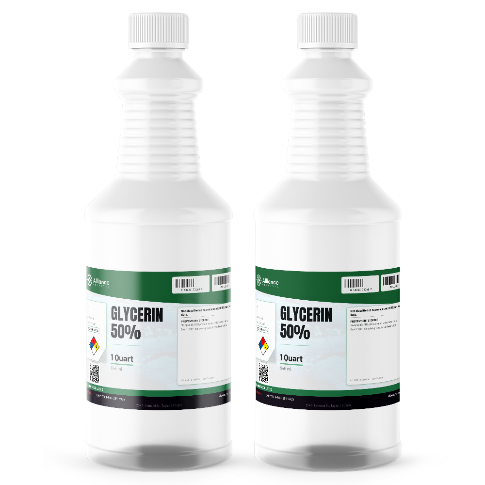 Glycerin 50% Food Grade liquid packaged in two 1-quart plastic bottles, Alliance Chemical