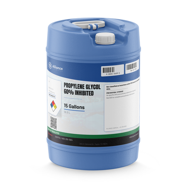 Propylene Glycol 60% Inhibited in a blue 15-gallon plastic carboy, Alliance Chemical