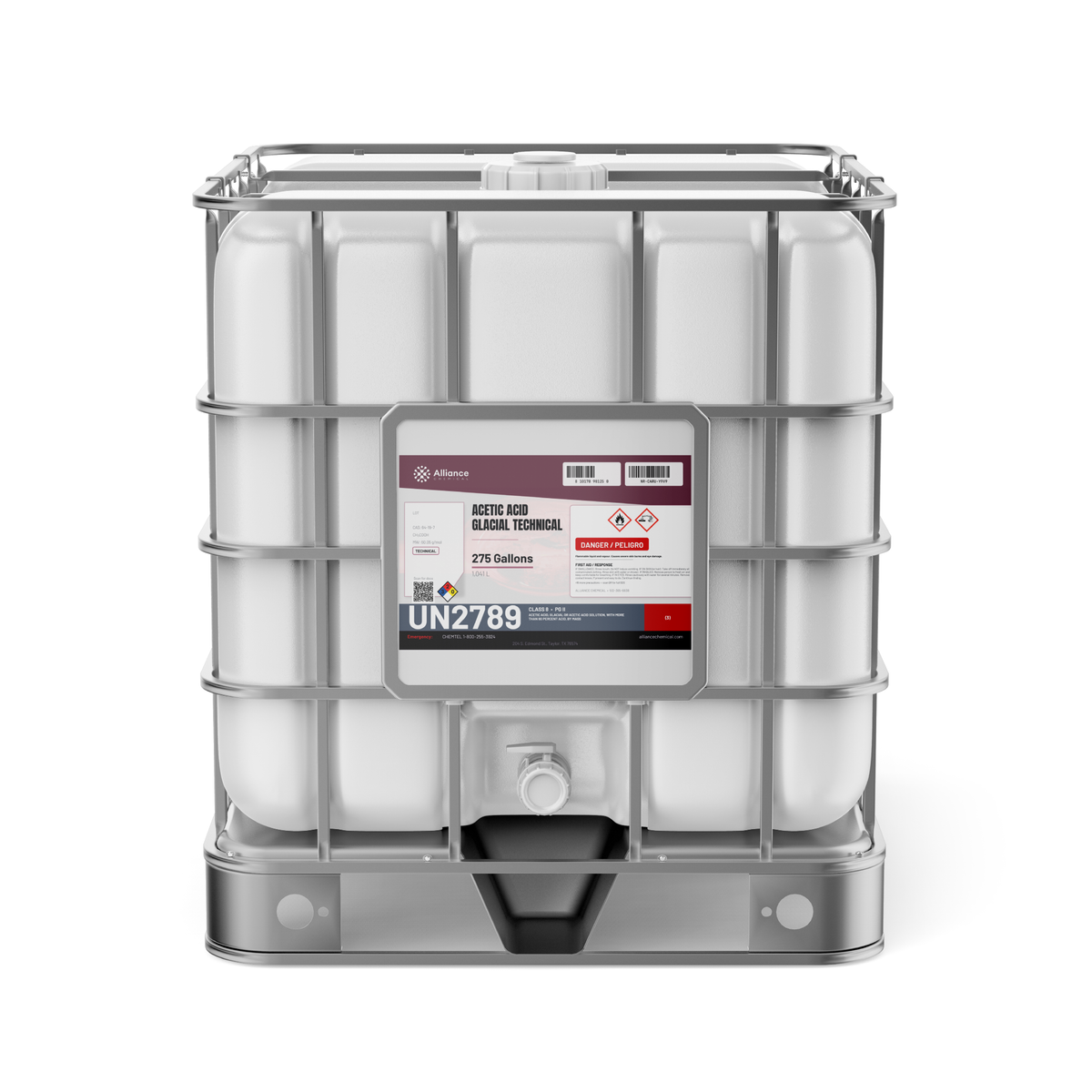 Acetic Acid Glacial Technical 275-gallon IBC tote, Alliance Chemical for chemical synthesis and textile dyeing