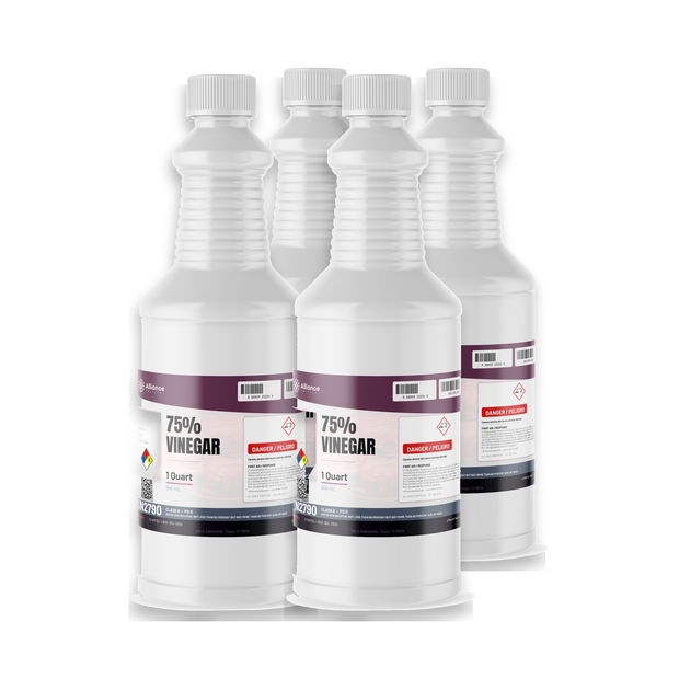 75% technical grade vinegar, four 1-quart plastic bottles from Alliance Chemical for industrial descaling