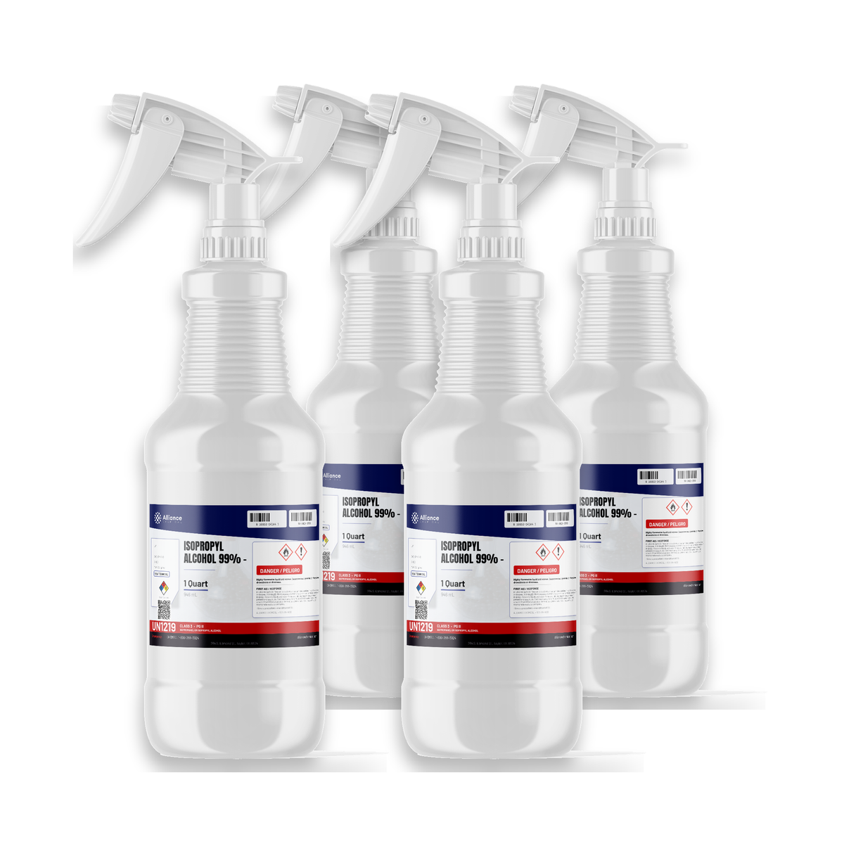 Isopropyl Alcohol 99% Technical Grade in four 1-quart spray bottles for precision cleaning, Alliance Chemical