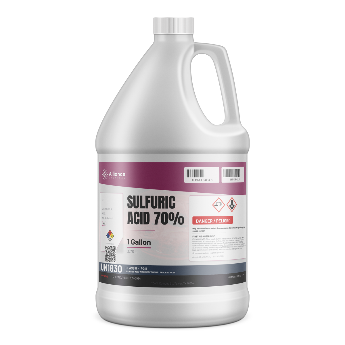 Sulfuric acid 70% technical grade in a 1-gallon plastic jug for industrial pH neutralization, Alliance Chemical
