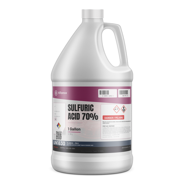 Sulfuric acid 70% technical grade in a 1-gallon plastic jug for industrial pH neutralization, Alliance Chemical