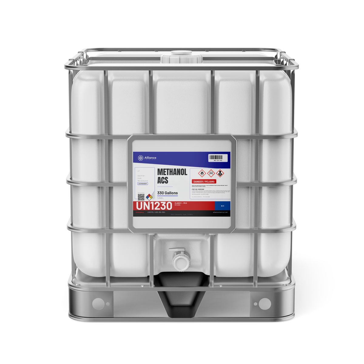 Methanol ACS Reagent Grade in a 330-gallon IBC tote for laboratory solvent applications, supplied by Alliance Chemical