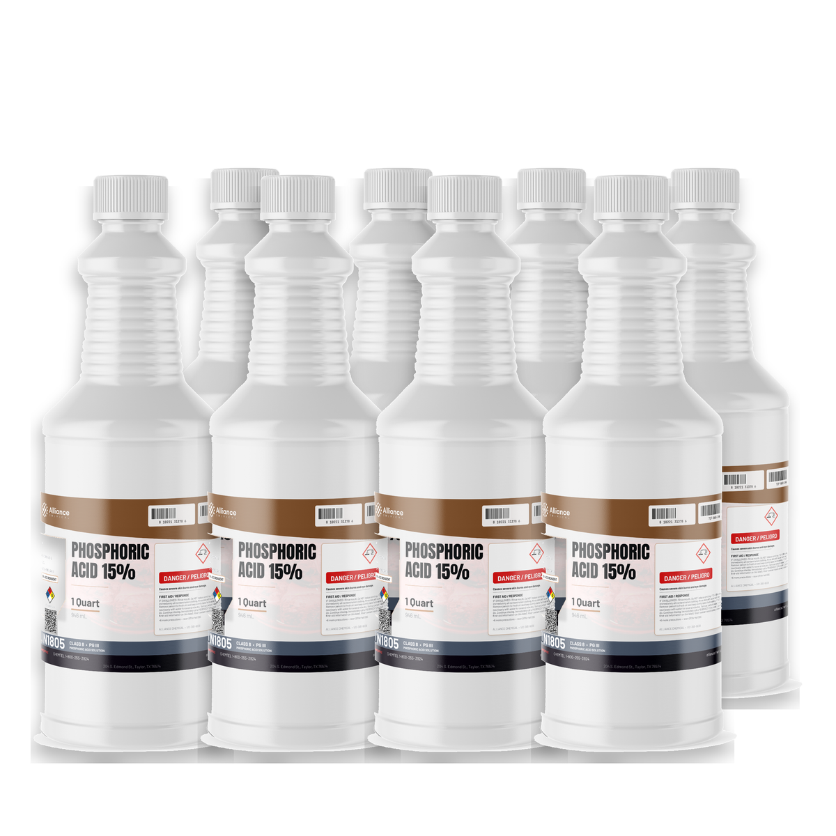 Phosphoric Acid 15% ACS Grade in a case of eight 1-quart white plastic bottles from Alliance Chemical