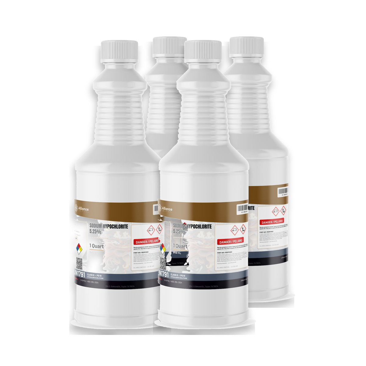 Sodium Hypochlorite 5.25% Water Treatment Grade in four 1-quart bottles by Alliance Chemical