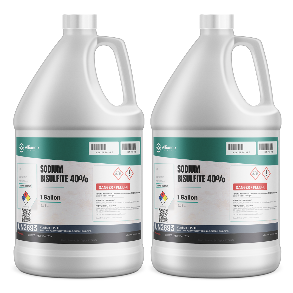 Sodium Bisulfite 40% ACS Reagent Grade in two 1-gallon jugs from Alliance Chemical for wastewater dechlorination